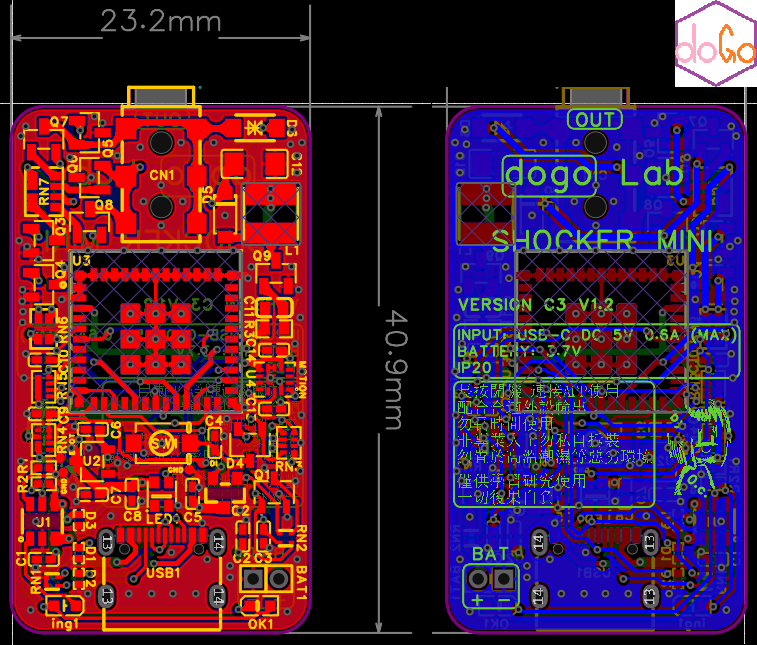 dogoLab PCB 布线设计图，标注板尺寸为 23.2 × 40.9 mm